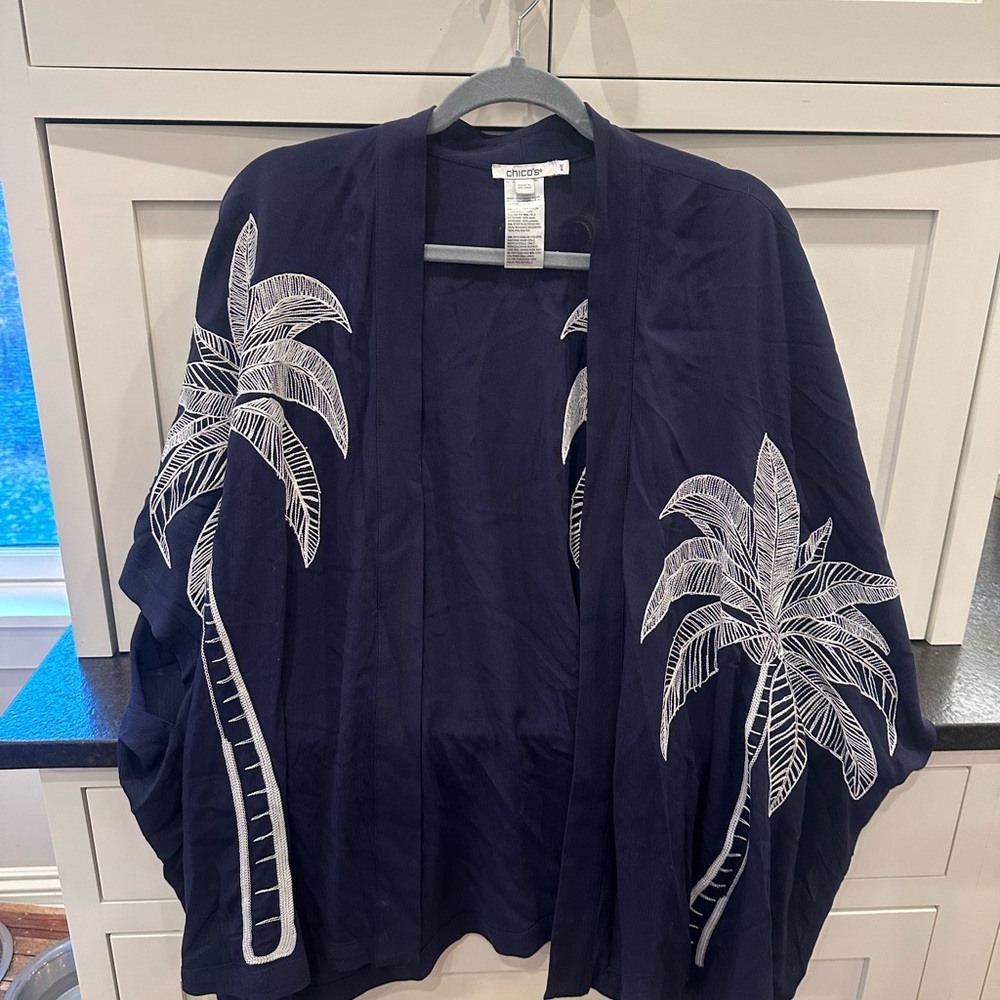 Chico's Dark Blue Kimono with White Palm Design